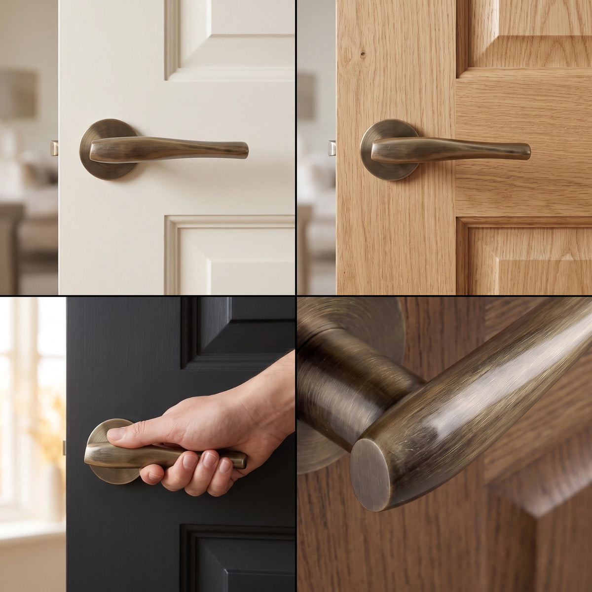 Nanda Antique Brass Passage Door Handles – fitted on an interior door in a styled room setting