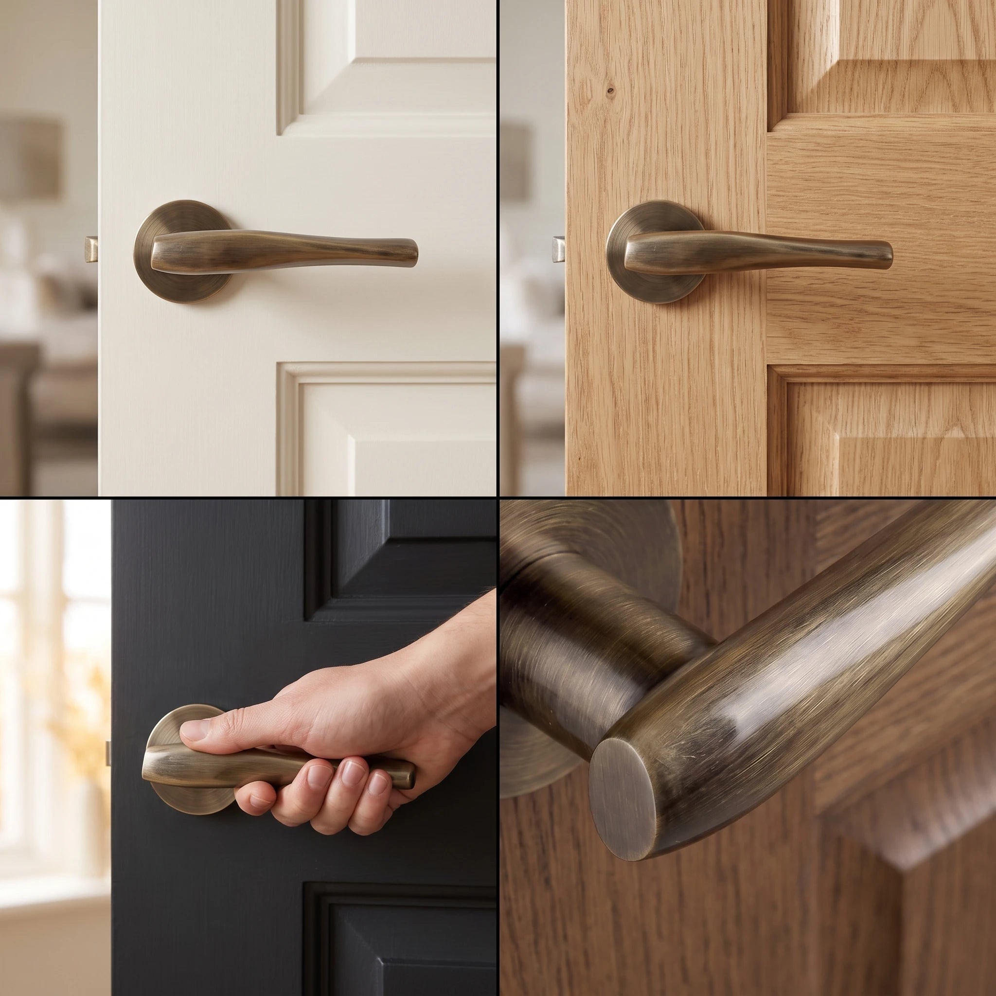 Nanda Antique Brass Passage Door Handles – fitted on an interior door in a styled room setting