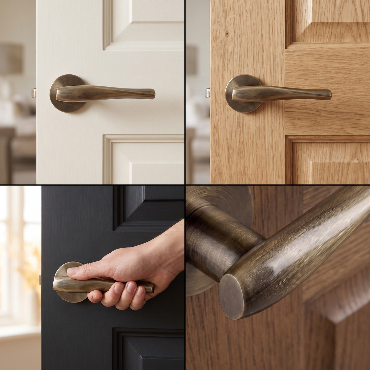 Nanda Antique Brass Privacy Door Lever Handles – fitted on an interior door in a styled room setting