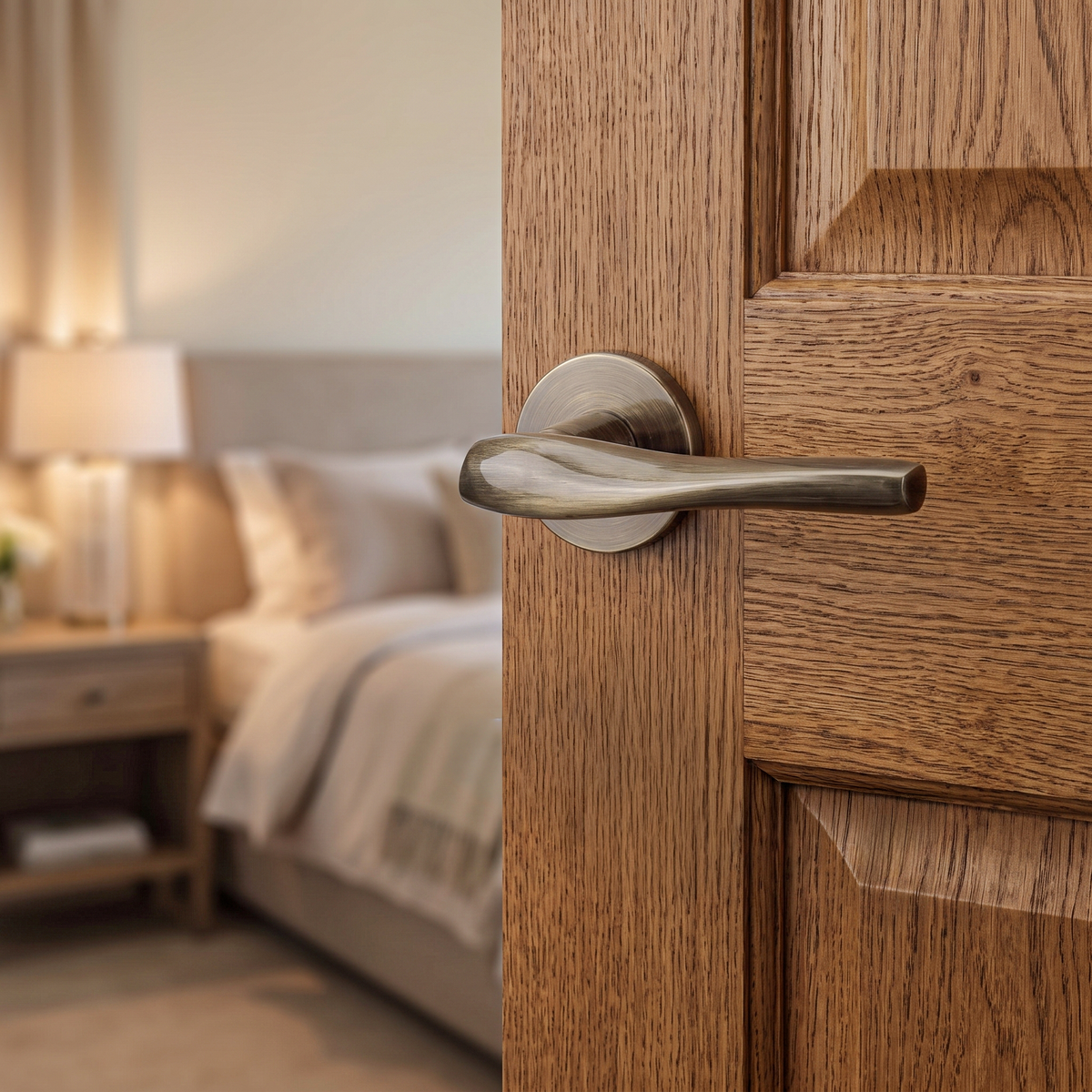 Nanda Antique Brass Privacy Door Lever Handles – fitted on an interior door in a styled room setting 2