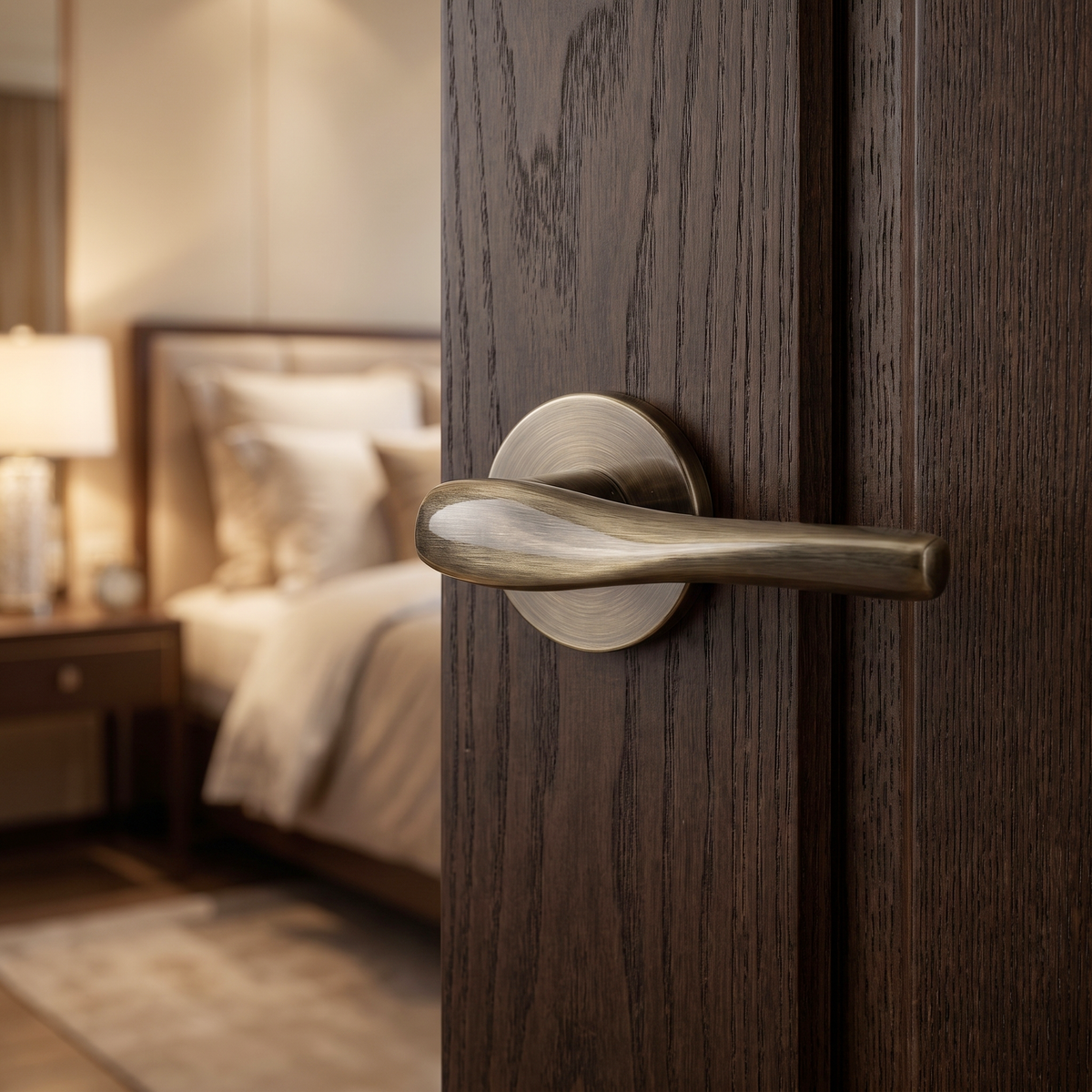 Nanda Antique Brass Door Lever Handles – fitted on an interior door in a styled room setting 4