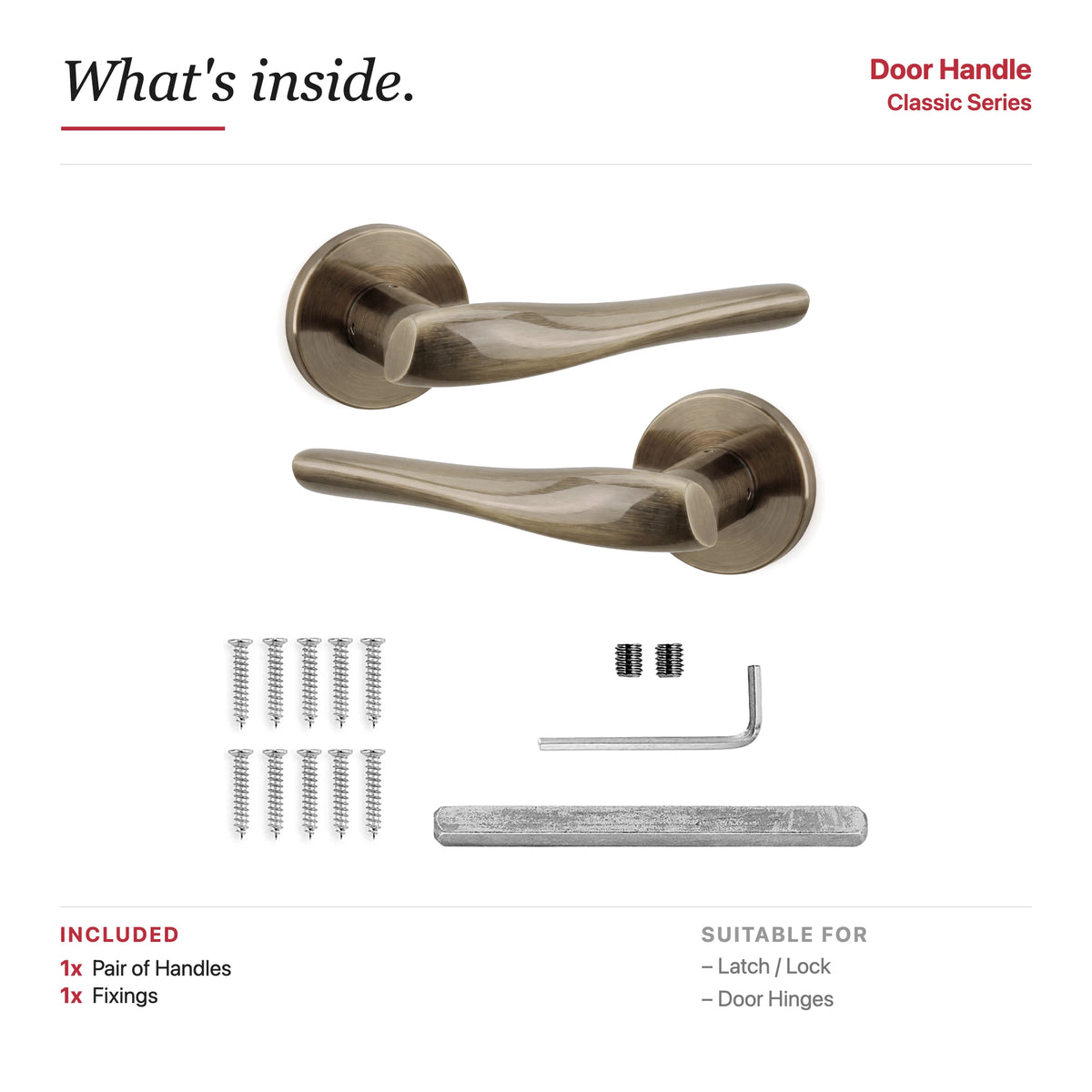 Nanda Internal Door Handles - Antique Brass – showing what's included in the box
