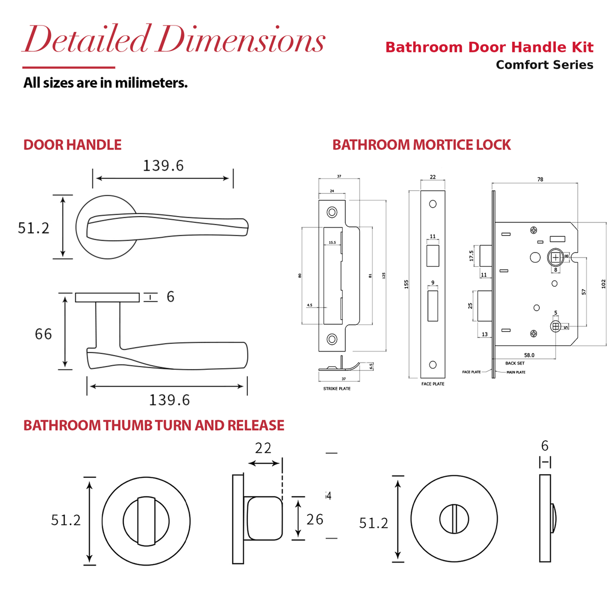 Nanda Matt Black Bathroom Door Lever Handles – dimensions and measurements diagram