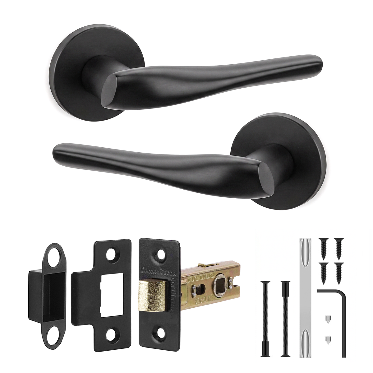 Nanda Matt Black Passage Door Lever Handles - Latch Kit 76mm