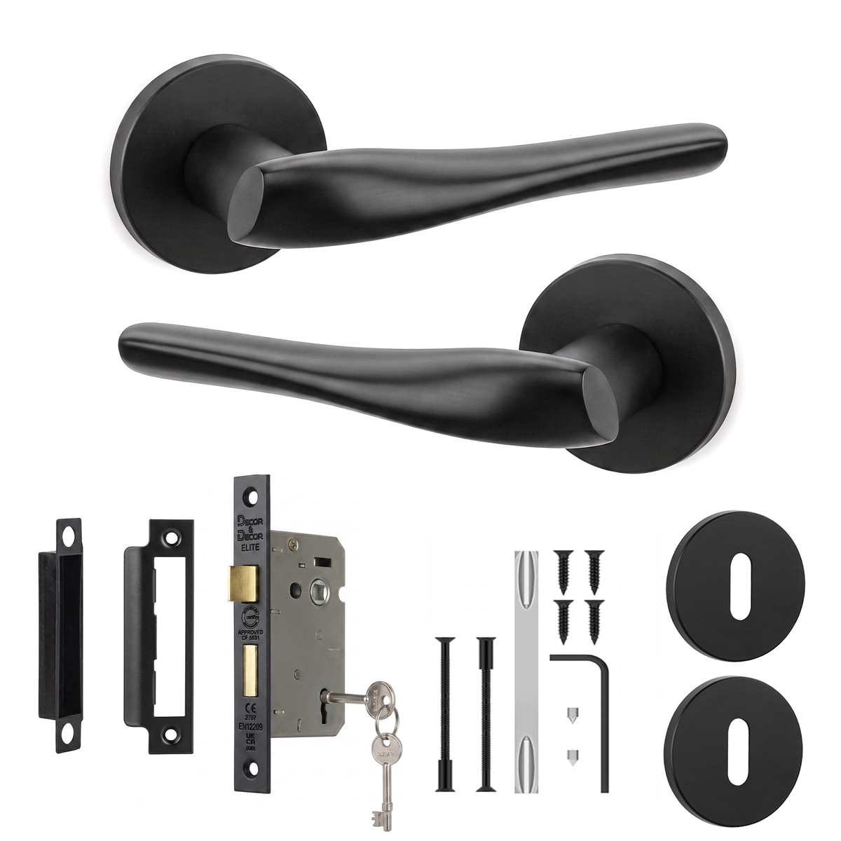 Nanda Matt Black Privacy Door Lever Handles - Sash Lock Kit 76mm