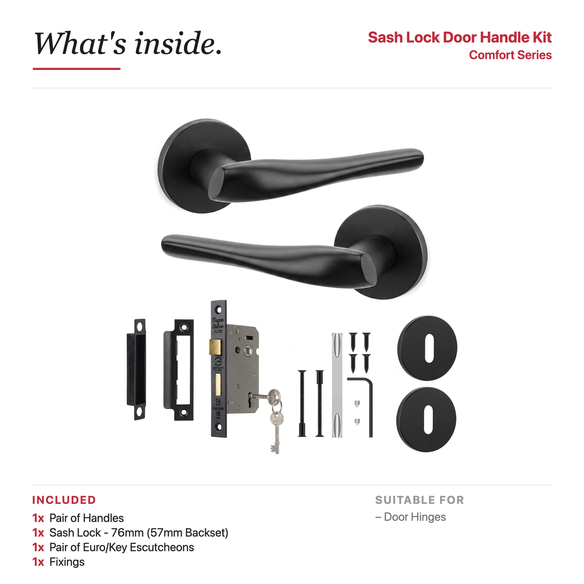 Nanda Matt Black Privacy Door Lever Handles – showing what's included in the box