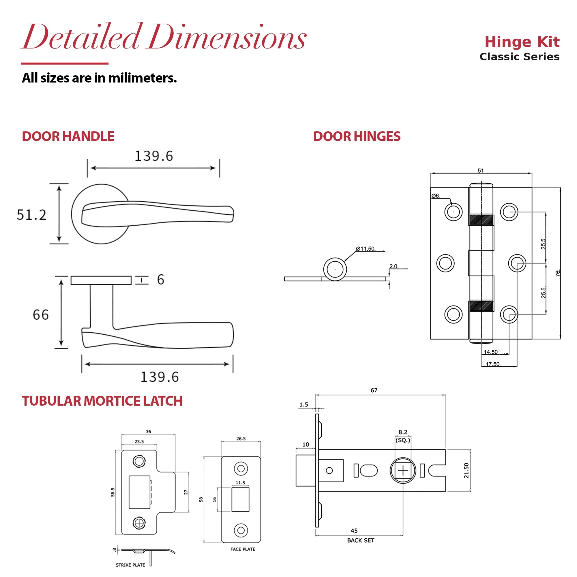 Nanda Matt Black Passage Door Handles – dimensions and measurements diagram