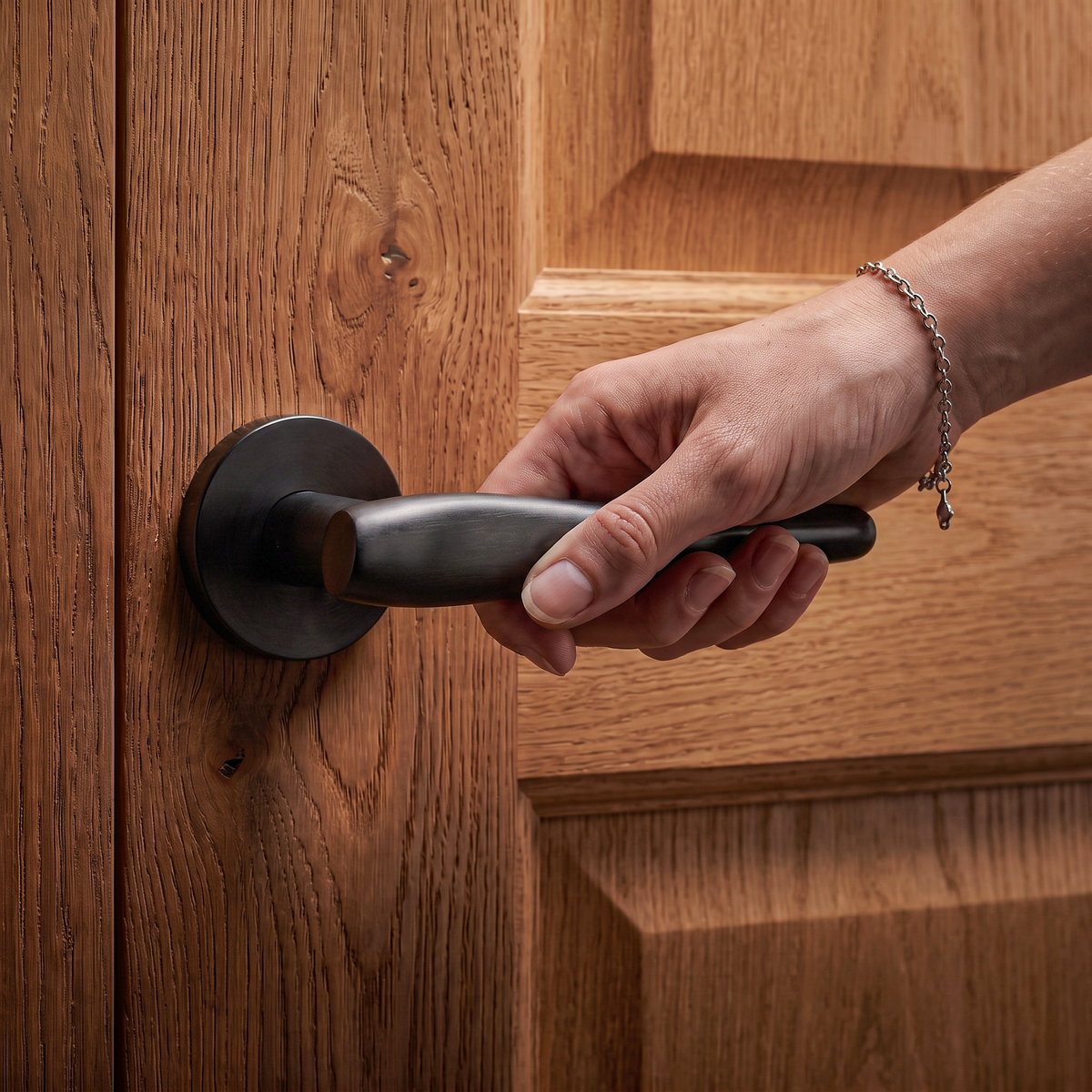 Nanda Matt Black Door Lever Handles – held in hand to show the size and finish