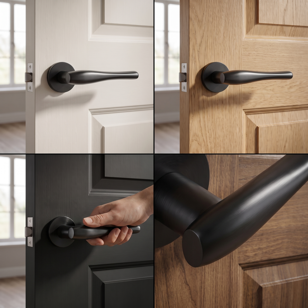 Nanda Matt Black Passage Door Lever Handles – fitted on an interior door in a styled room setting
