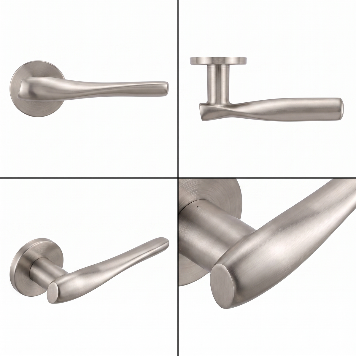 Nanda Satin Nickel Bathroom Door Lever Handles – shown from multiple angles