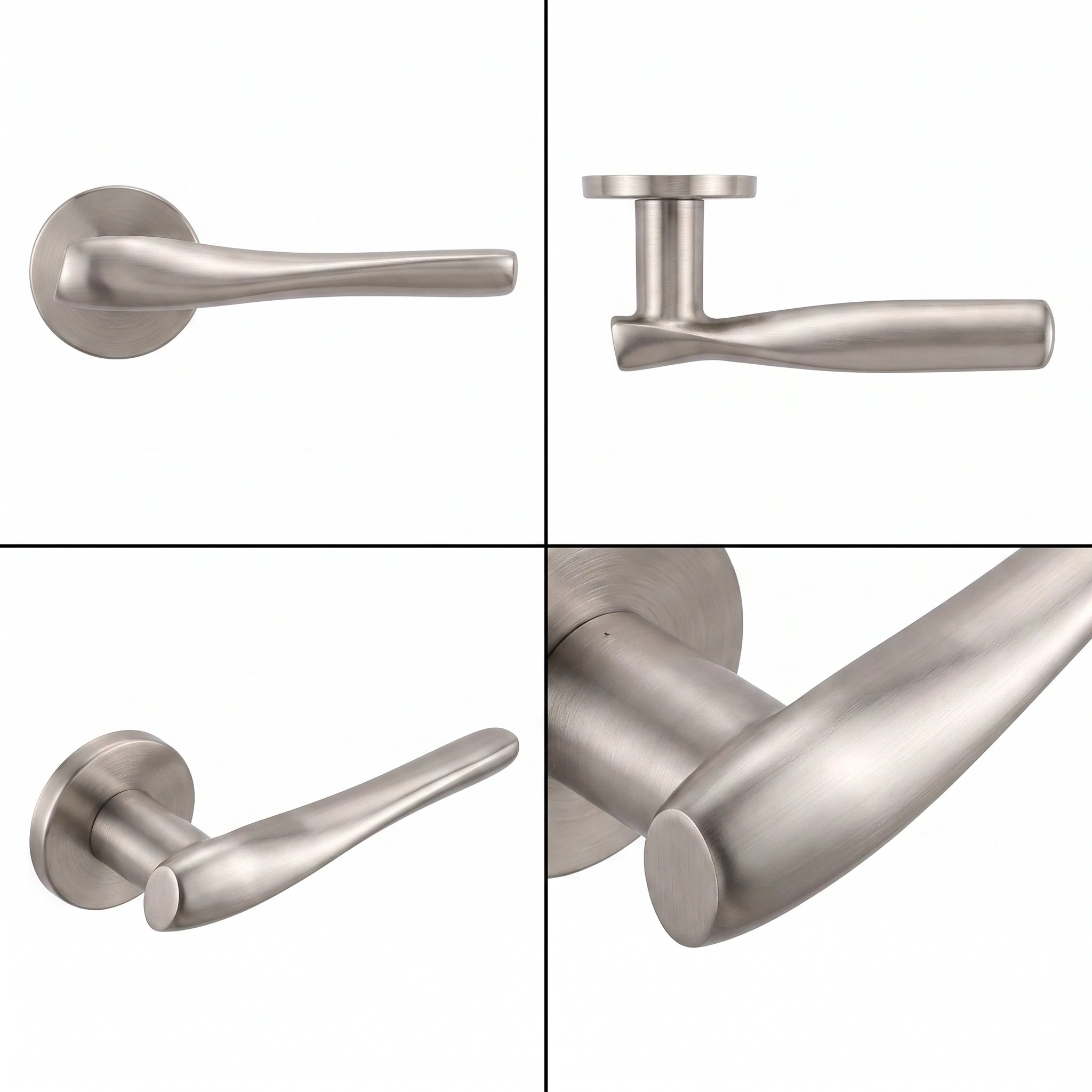 Nanda Satin Nickel Passage Door Handles – shown from multiple angles