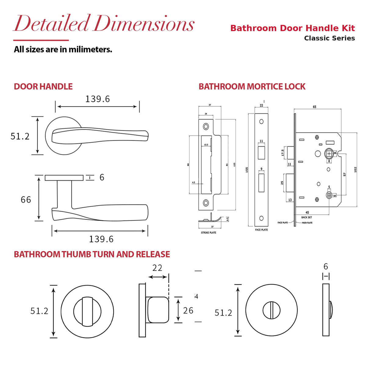 Nanda Satin Nickel Bathroom Door Handles – dimensions and measurements diagram
