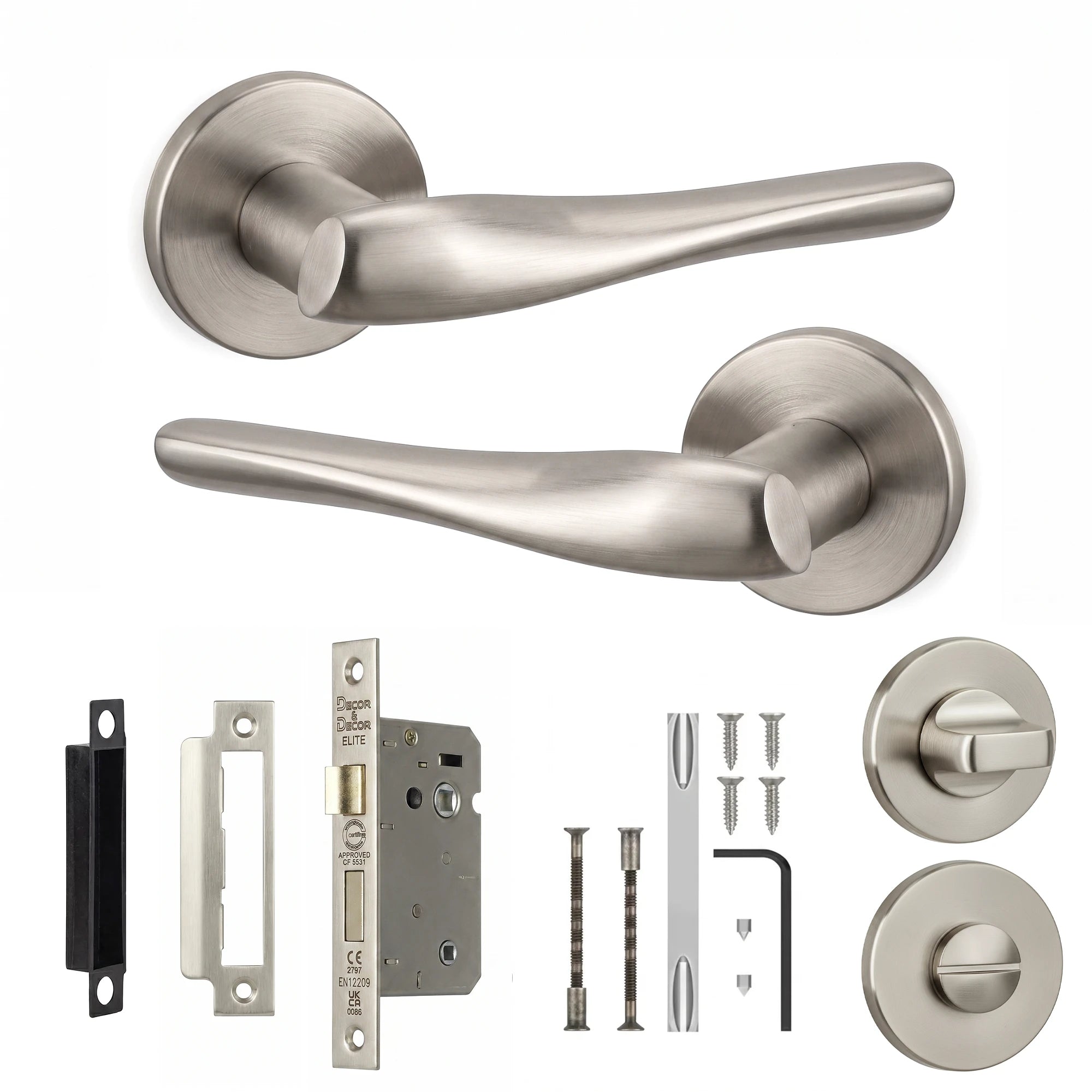Nanda Satin Nickel Bathroom Door Handles - Bathroom Kit