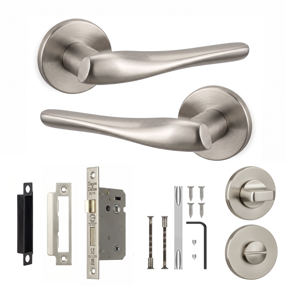 Nanda Satin Nickel Bathroom Door Lever Handles - Bathroom Kit 76mm