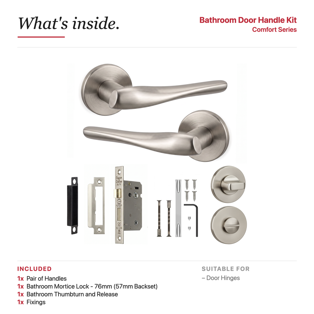 Nanda Satin Nickel Bathroom Door Lever Handles – showing what's included in the box