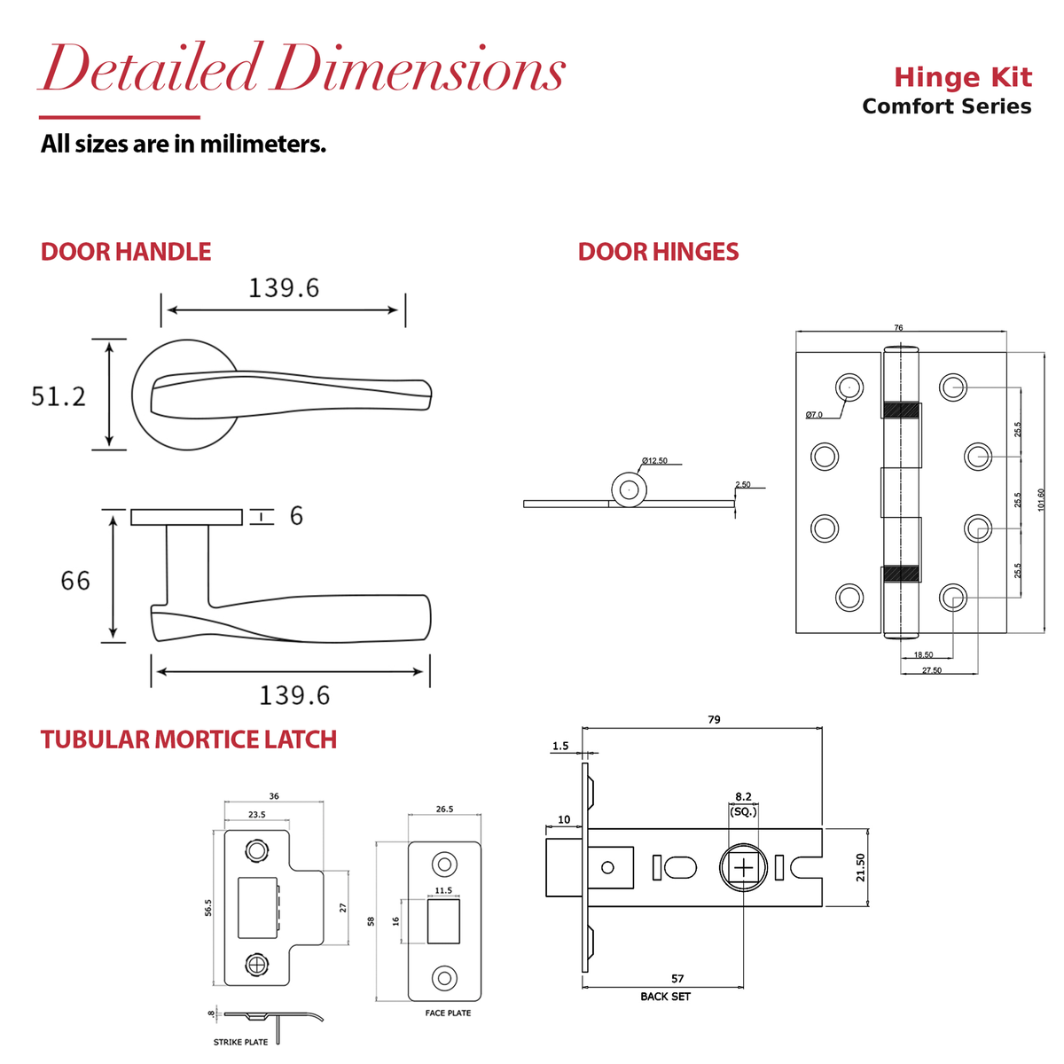 Nanda Satin Nickel Passage Door Lever Handles – dimensions and measurements diagram