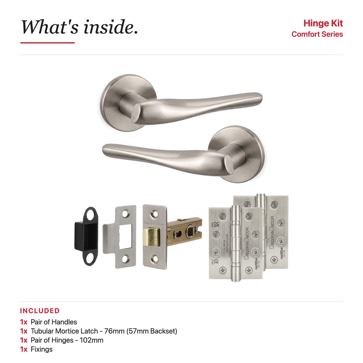 Nanda Satin Nickel Passage Door Lever Handles – showing what's included in the box