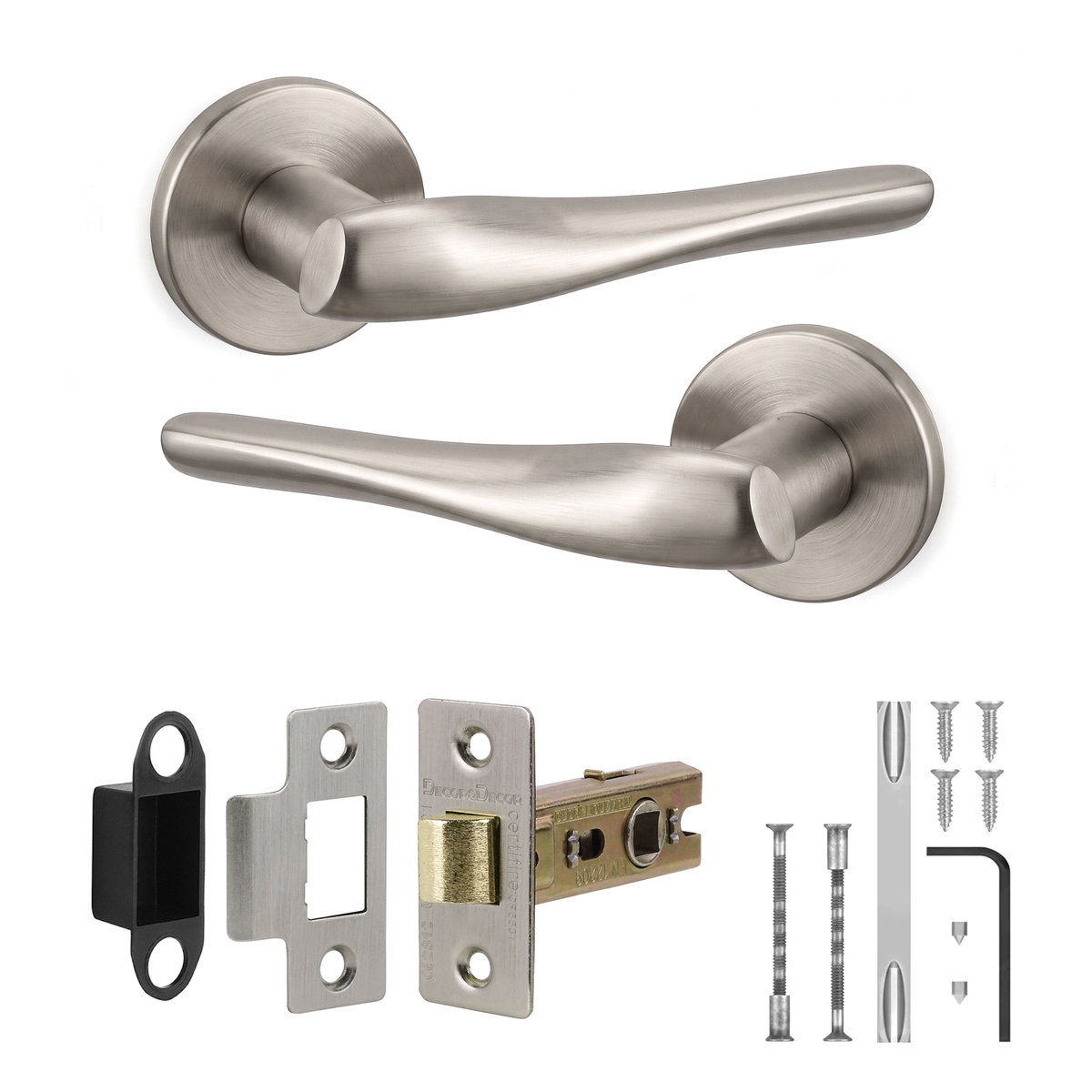 Nanda Satin Nickel Passage Door Lever Handles - Latch Kit 76mm