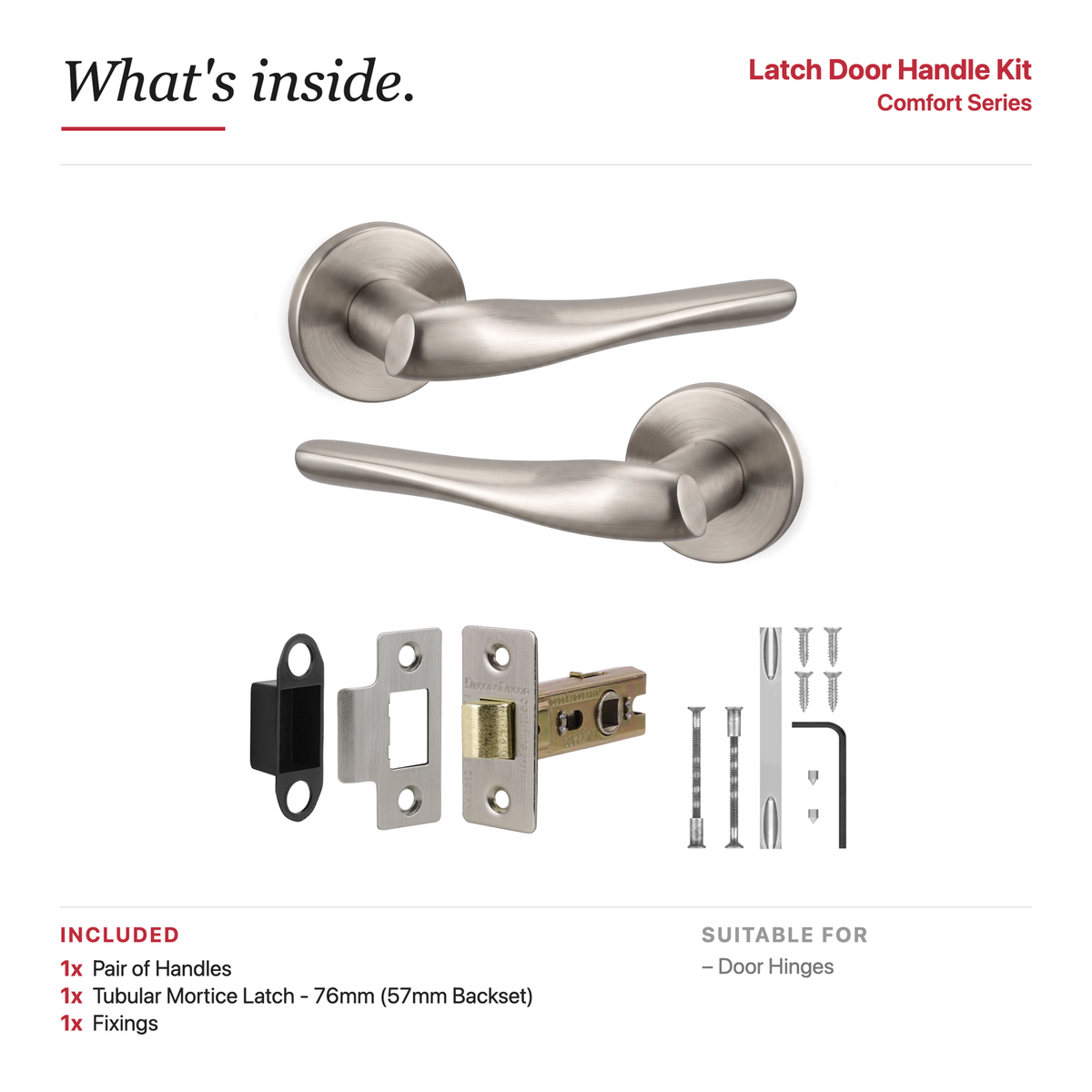Nanda Satin Nickel Passage Door Lever Handles – showing what's included in the box