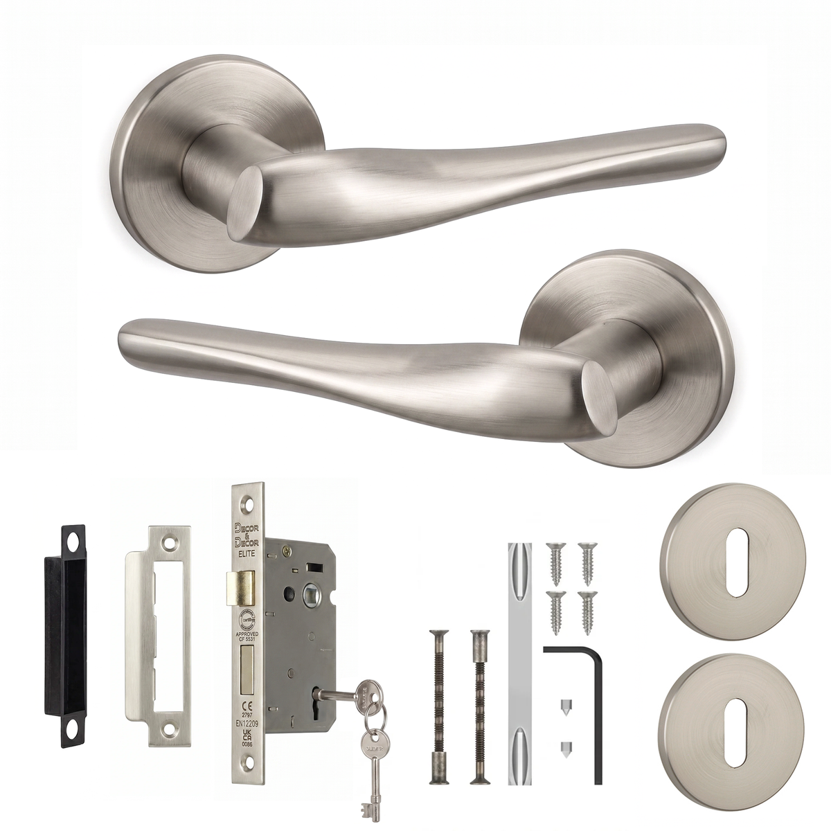 Nanda Satin Nickel Privacy Door Lever Handles - Sash Lock Kit 76mm