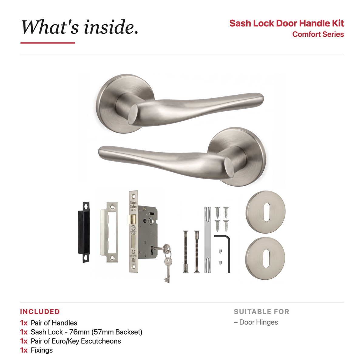 Nanda Satin Nickel Privacy Door Lever Handles – showing what's included in the box