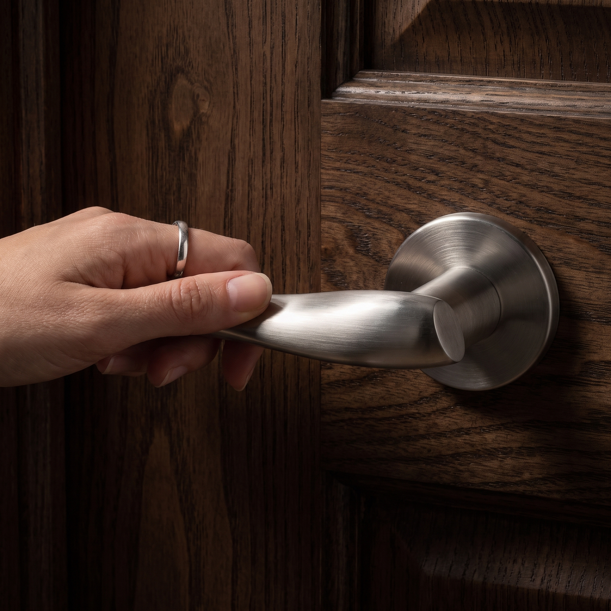 Nanda Satin Nickel Passage Door Lever Handles – held in hand to show the size and finish