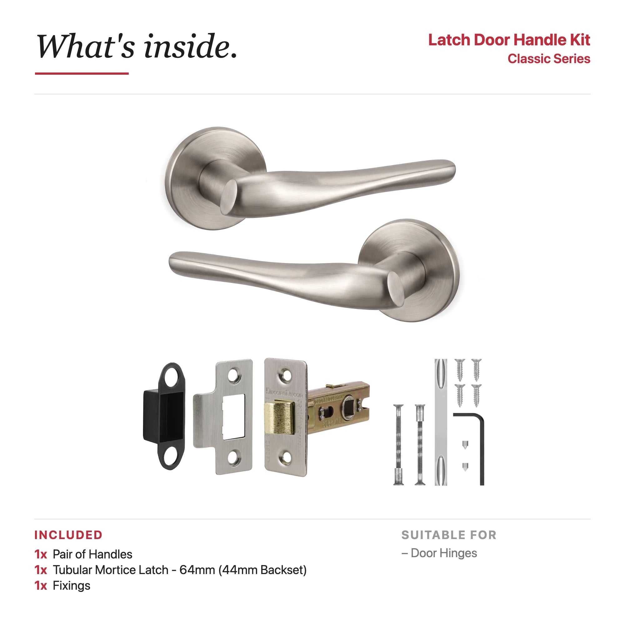 Nanda Satin Nickel Passage Door Handles – showing what's included in the box