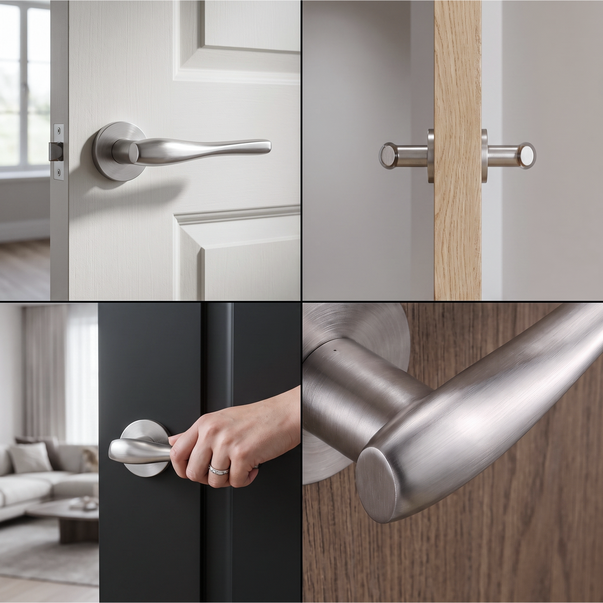 Nanda Satin Nickel Door Lever Handles – fitted on an interior door in a styled room setting