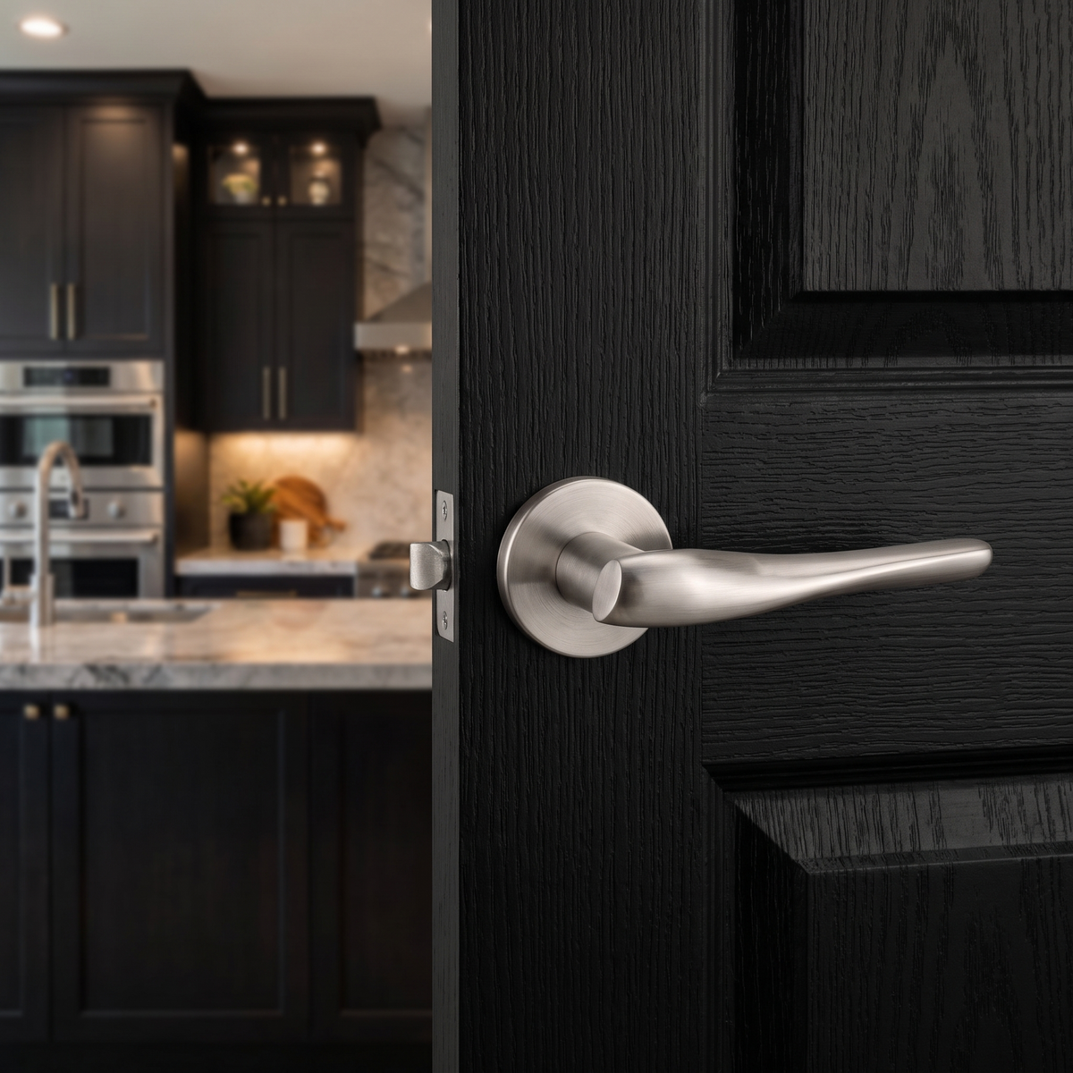 Nanda Satin Nickel Passage Door Lever Handles – fitted on an interior door in a styled room setting 2
