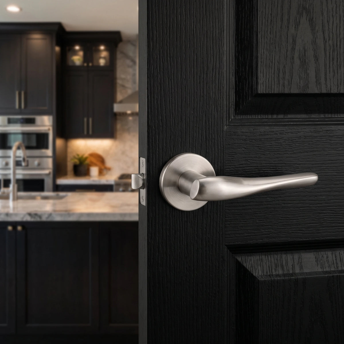 Nanda Satin Nickel Passage Door Handles – fitted on an interior door in a styled room setting 2