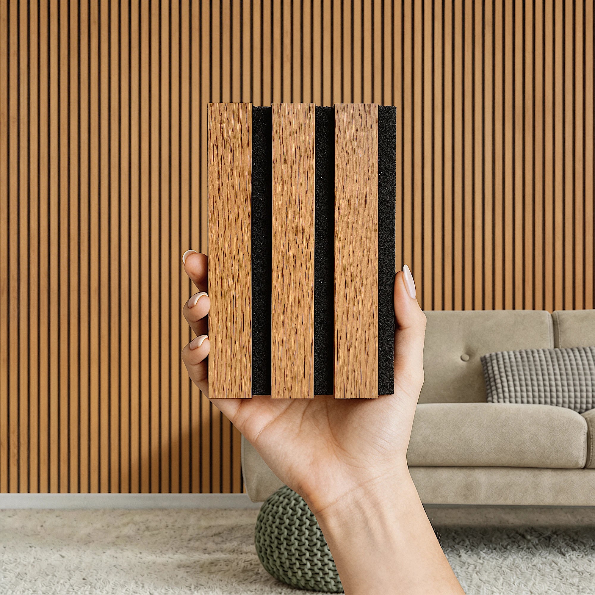 Acoustic Slat Wood Wall Panel - Oak - 2400 - 2 Pack – held in hand to show the size and finish