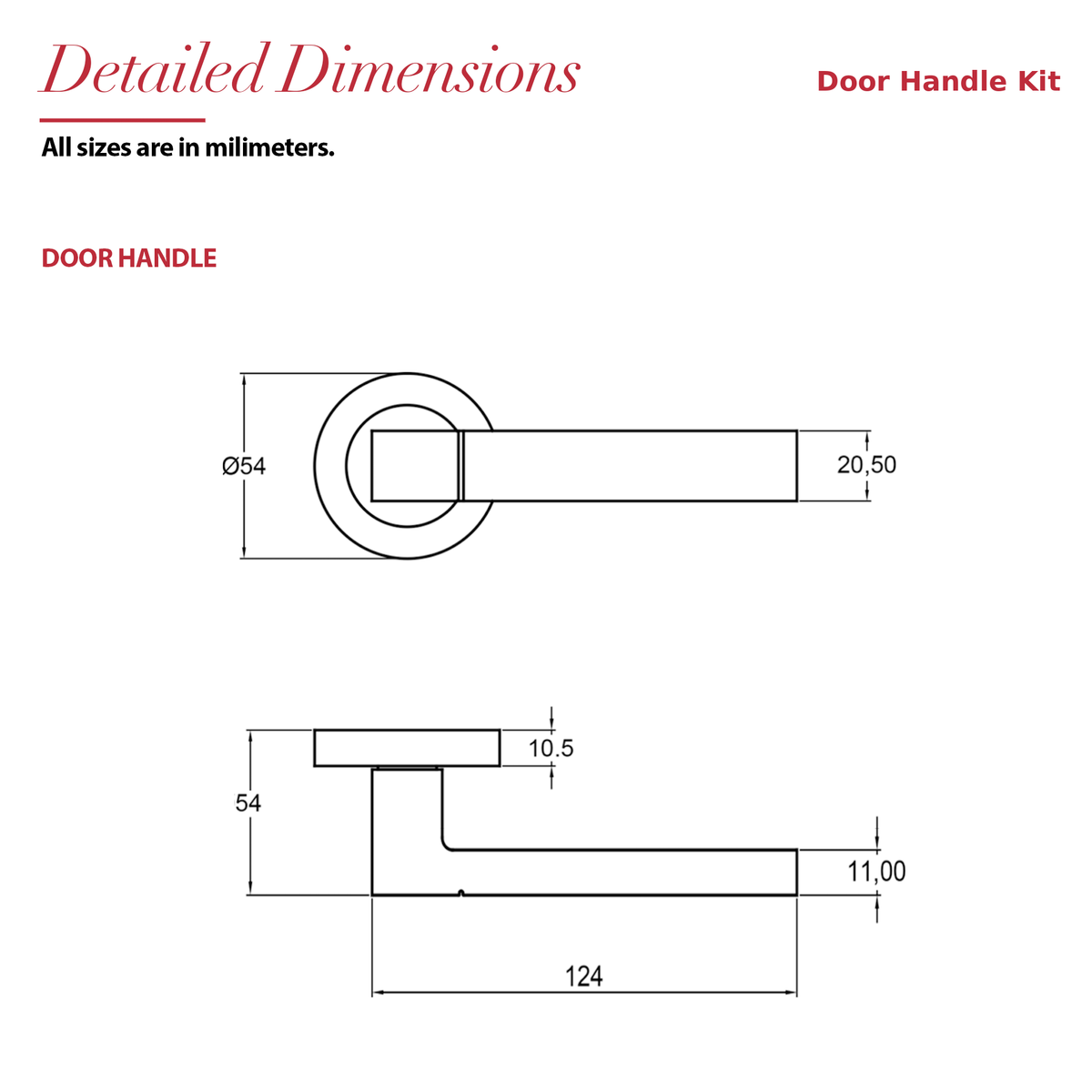 Lumina Antique Brass Door Lever Handles – dimensions and measurements diagram