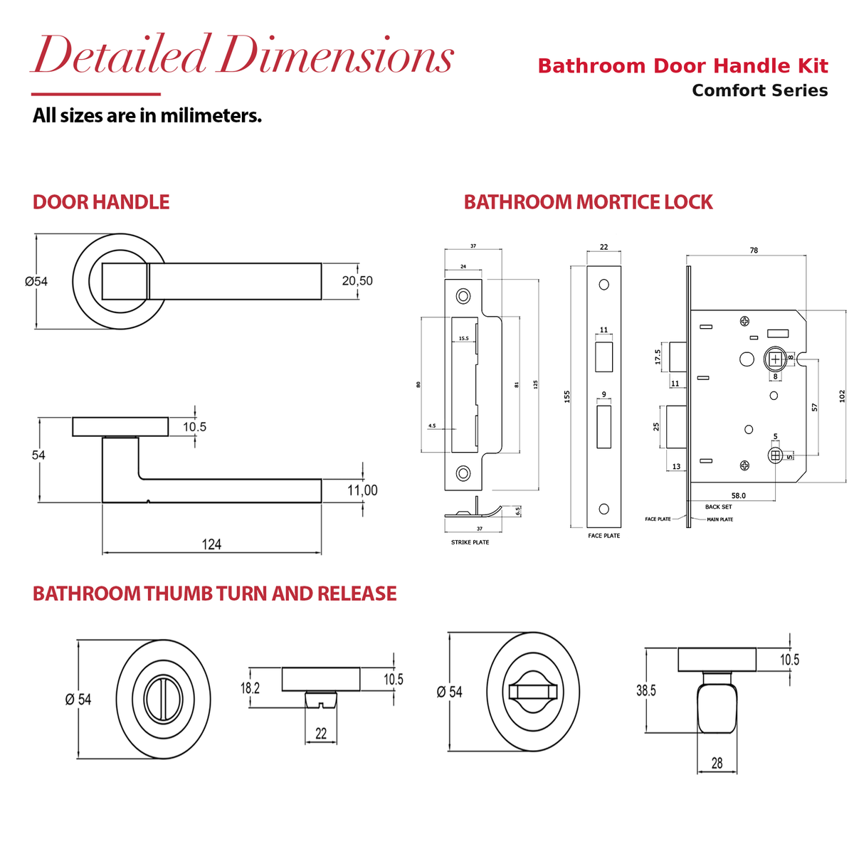 Lumina Antique Brass Bathroom Door Lever Handles – dimensions and measurements diagram