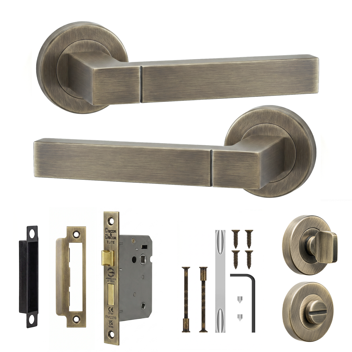 Lumina Antique Brass Bathroom Door Lever Handles - Bathroom Kit 76mm