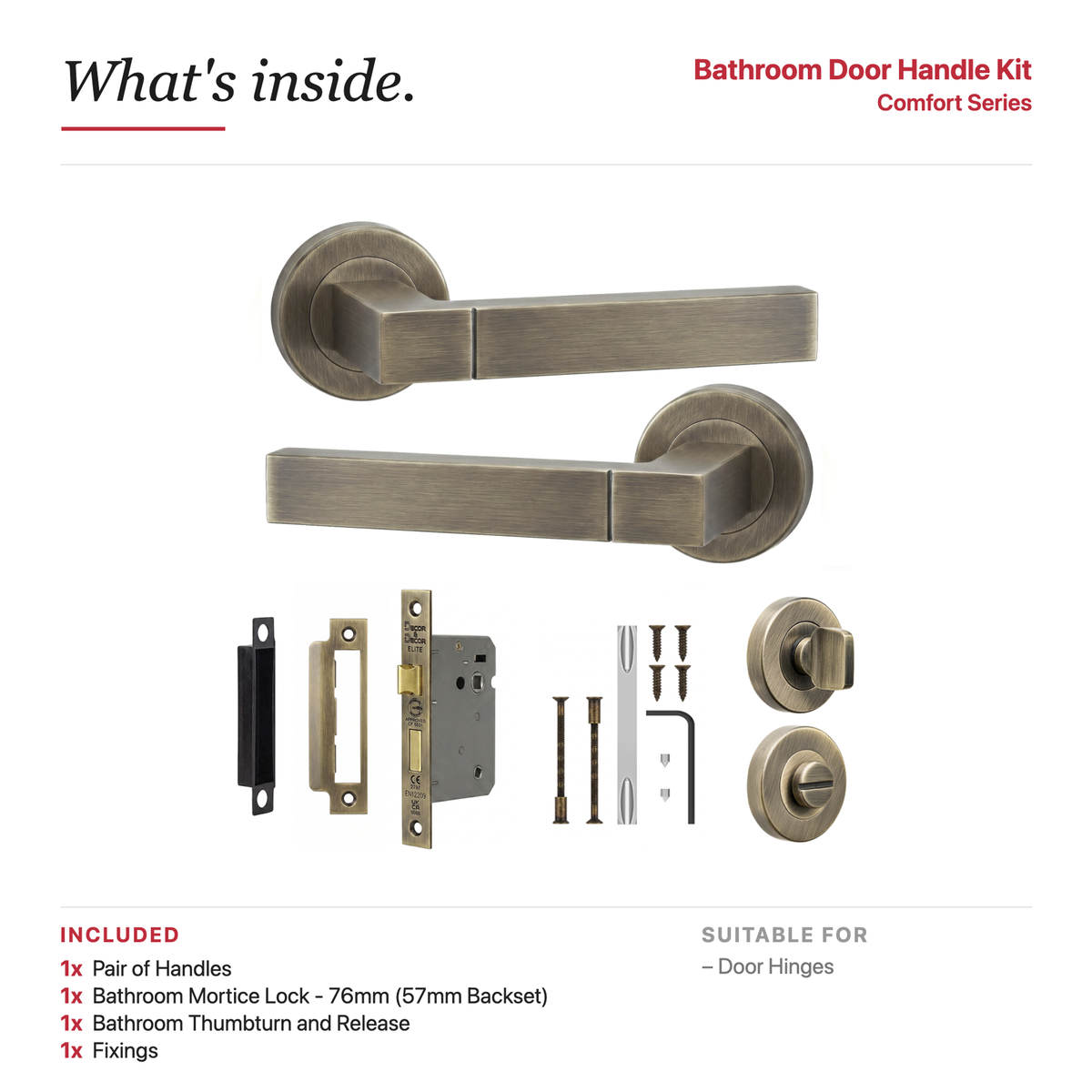 Lumina Antique Brass Bathroom Door Lever Handles – showing what's included in the box