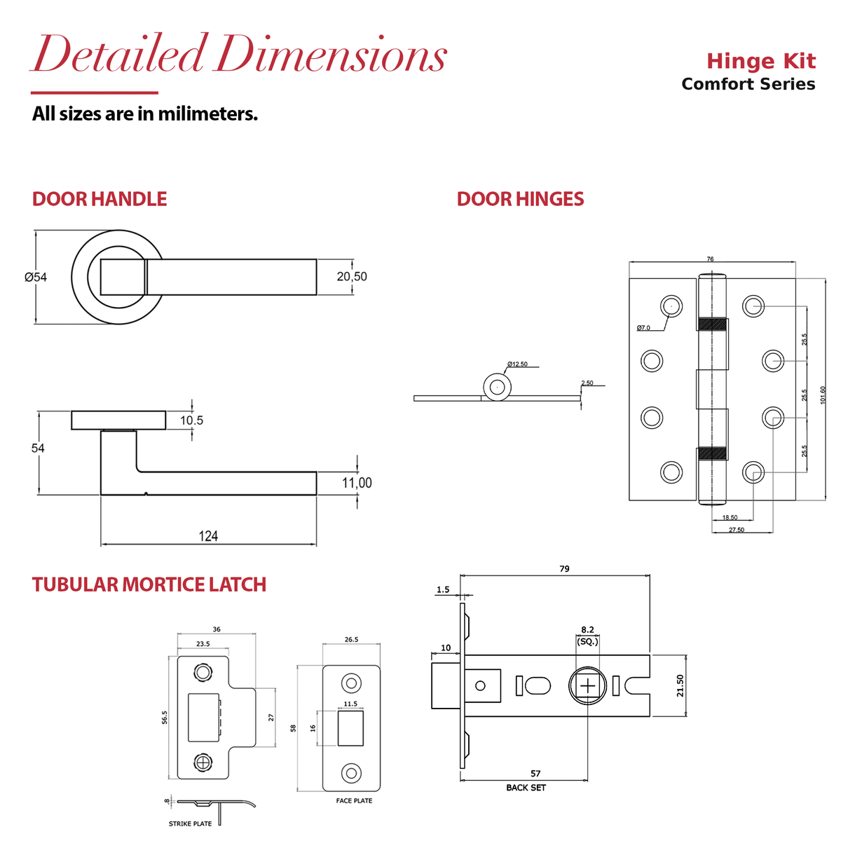 Lumina Antique Brass Passage Door Lever Handles – dimensions and measurements diagram