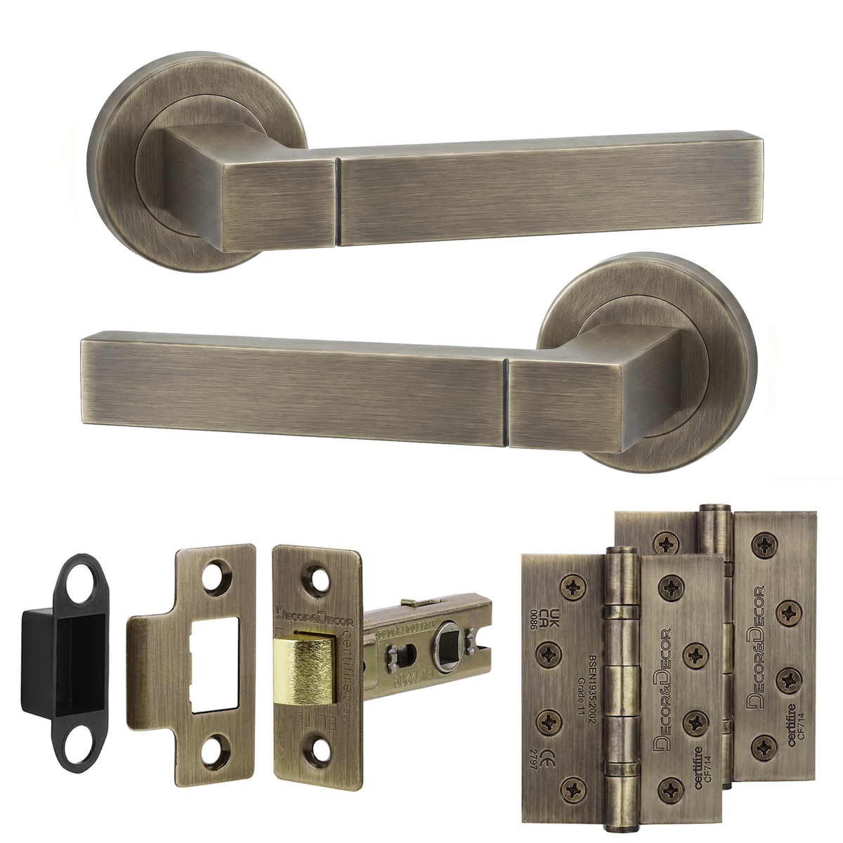 Lumina Antique Brass Passage Door Lever Handles - Hinge Kit 102mm