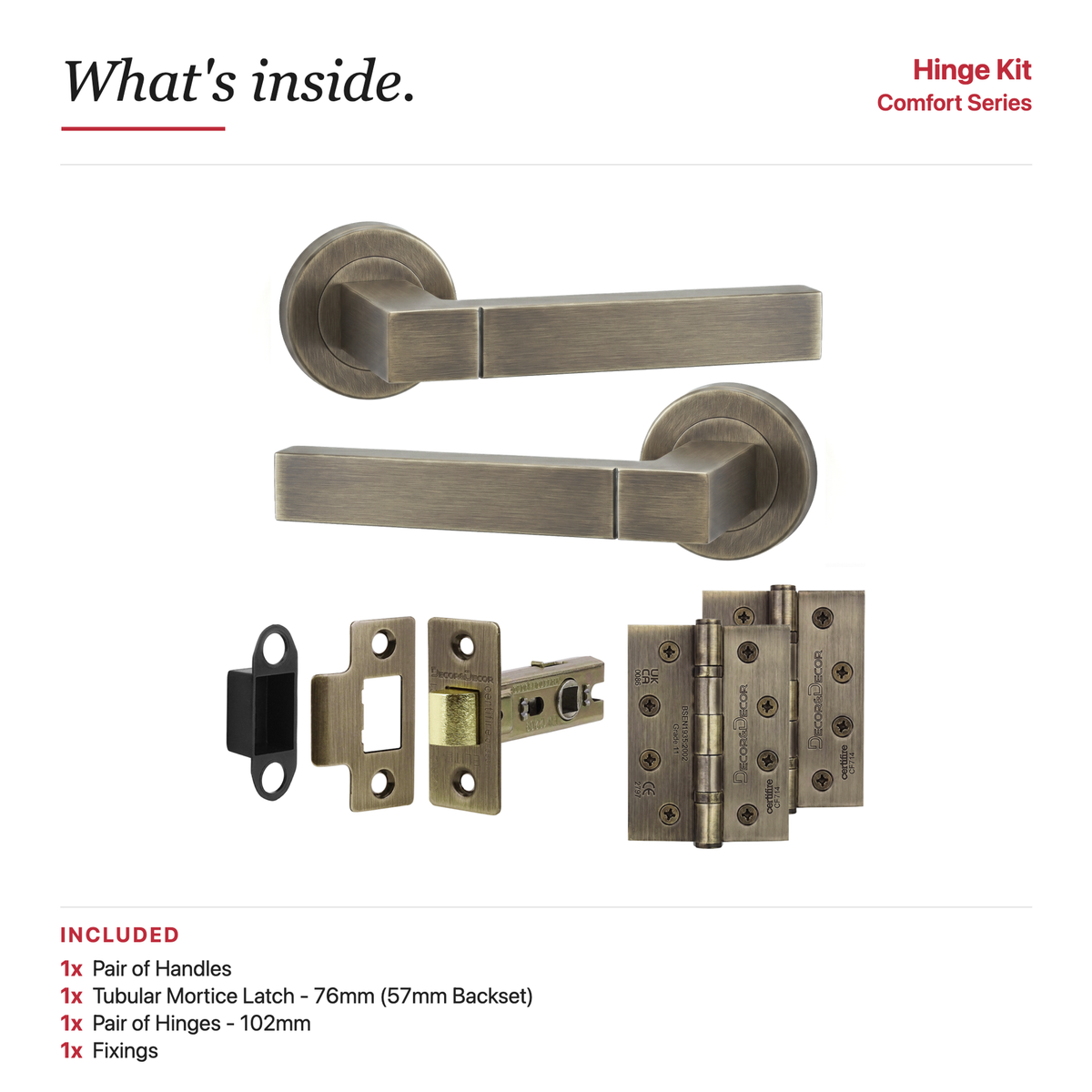 Lumina Antique Brass Passage Door Lever Handles – showing what's included in the box