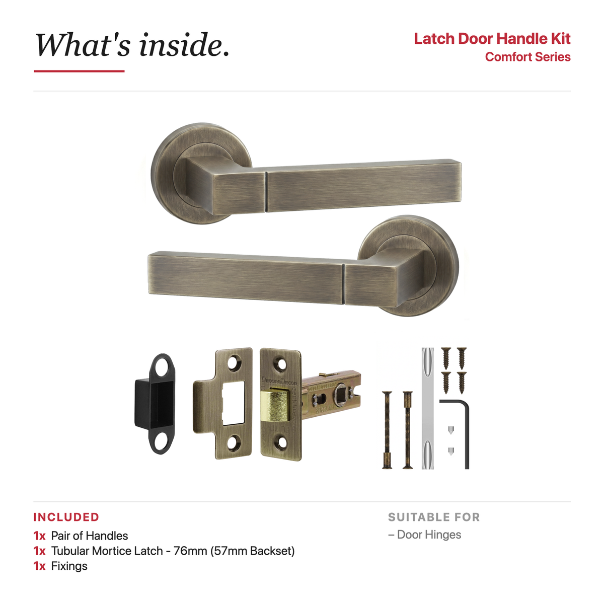 Lumina Antique Brass Passage Door Lever Handles – showing what's included in the box