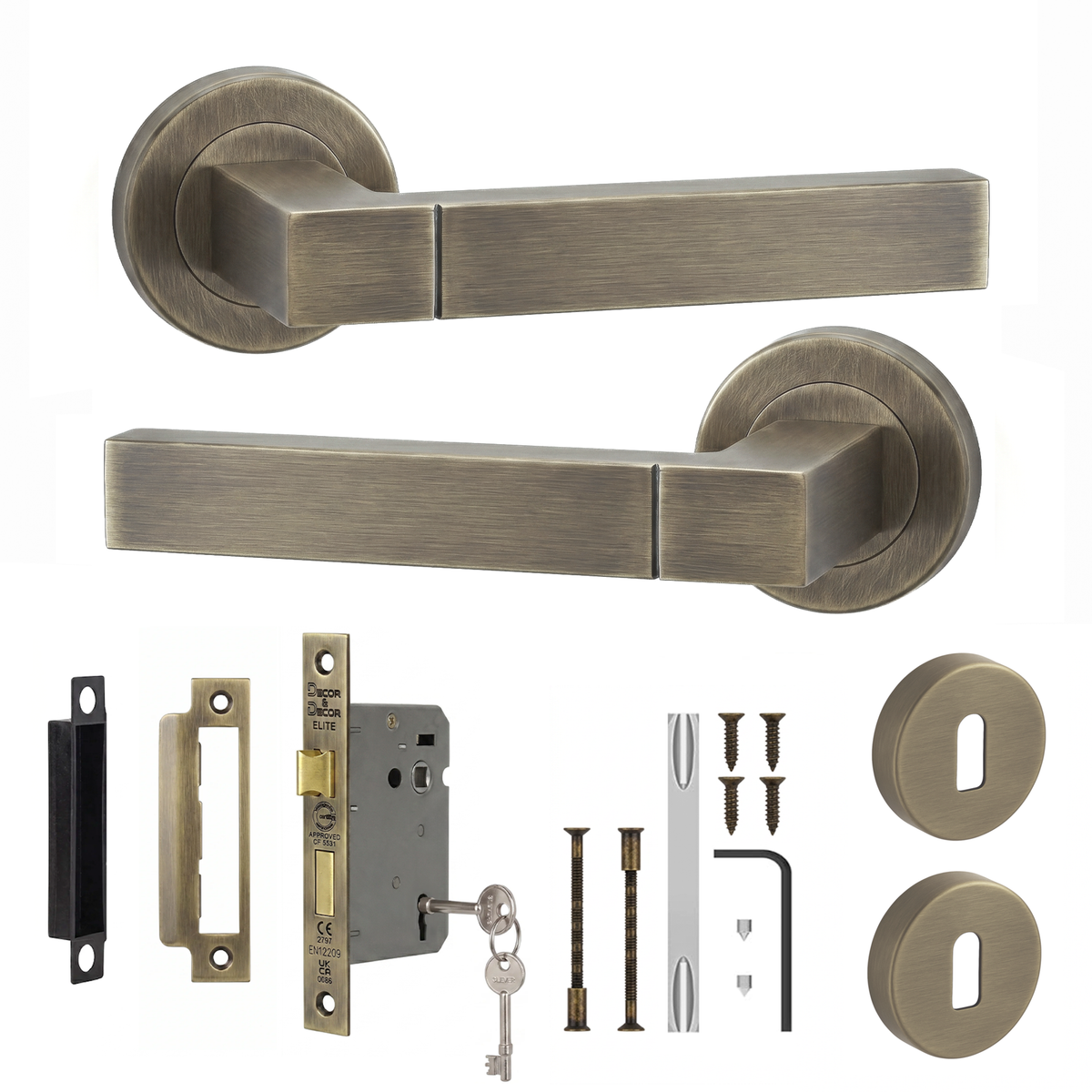 Lumina Antique Brass Privacy Door Lever Handles - Sash Lock Kit 76mm