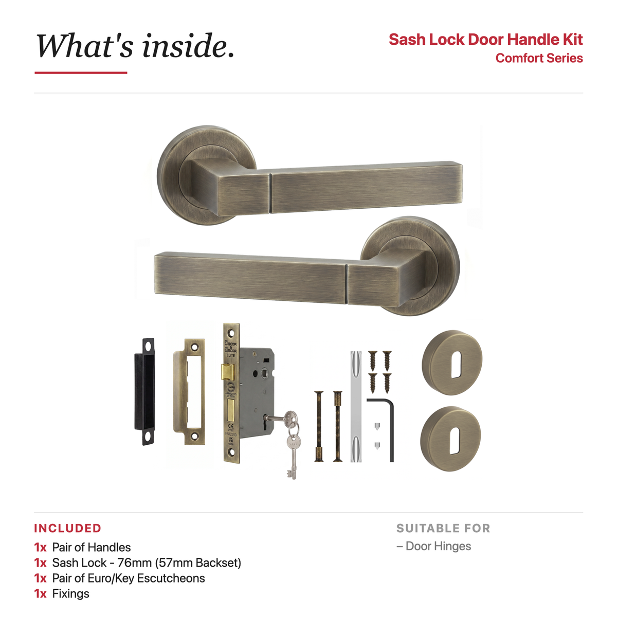 Lumina Antique Brass Privacy Door Lever Handles – showing what's included in the box