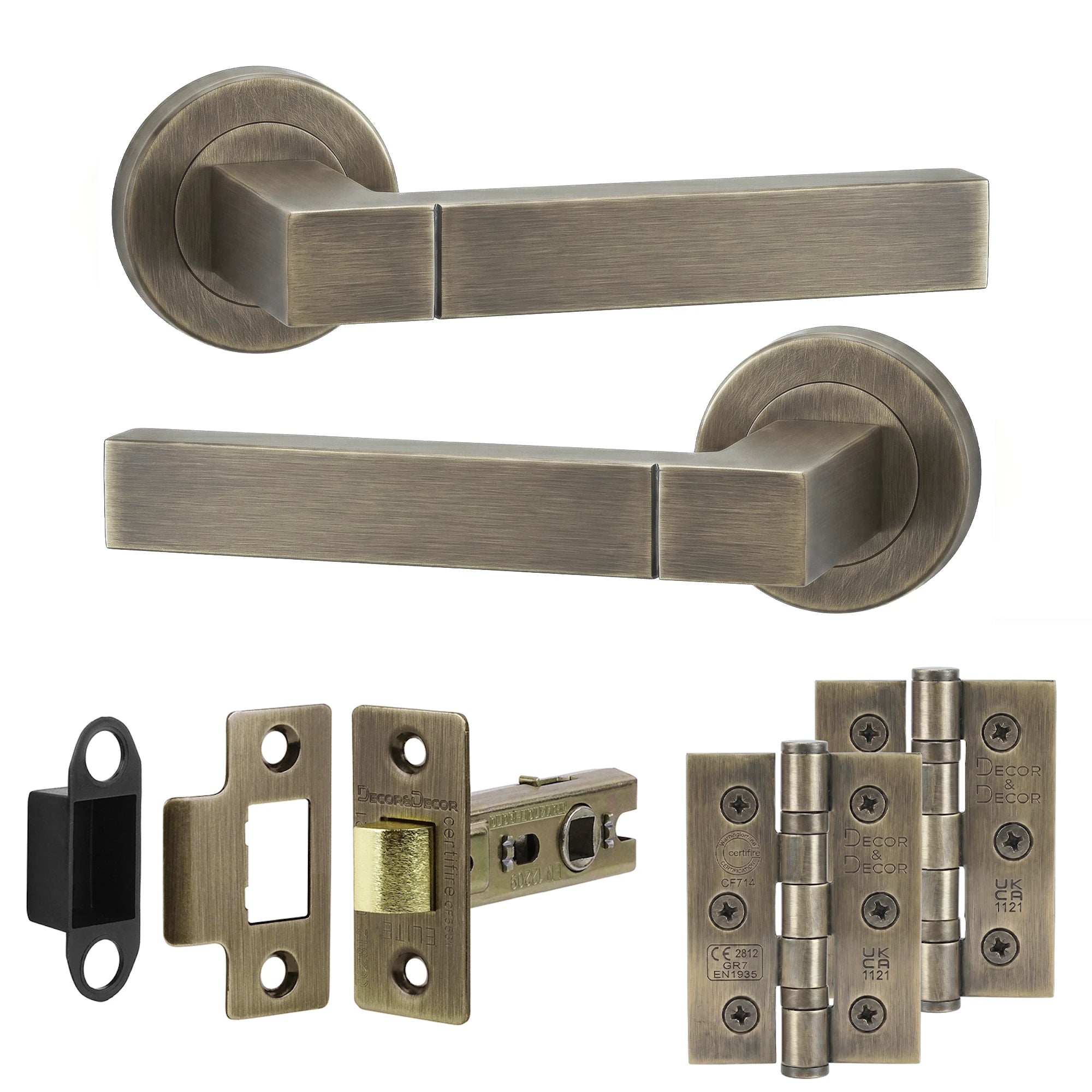 Lumina Antique Brass Passage Door Lever Handles - Latch And Hinge Set