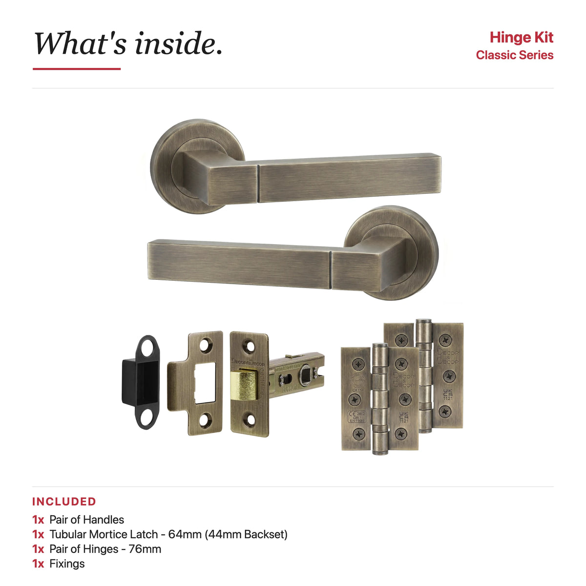 Lumina Antique Brass Passage Door Lever Handles – showing what's included in the box