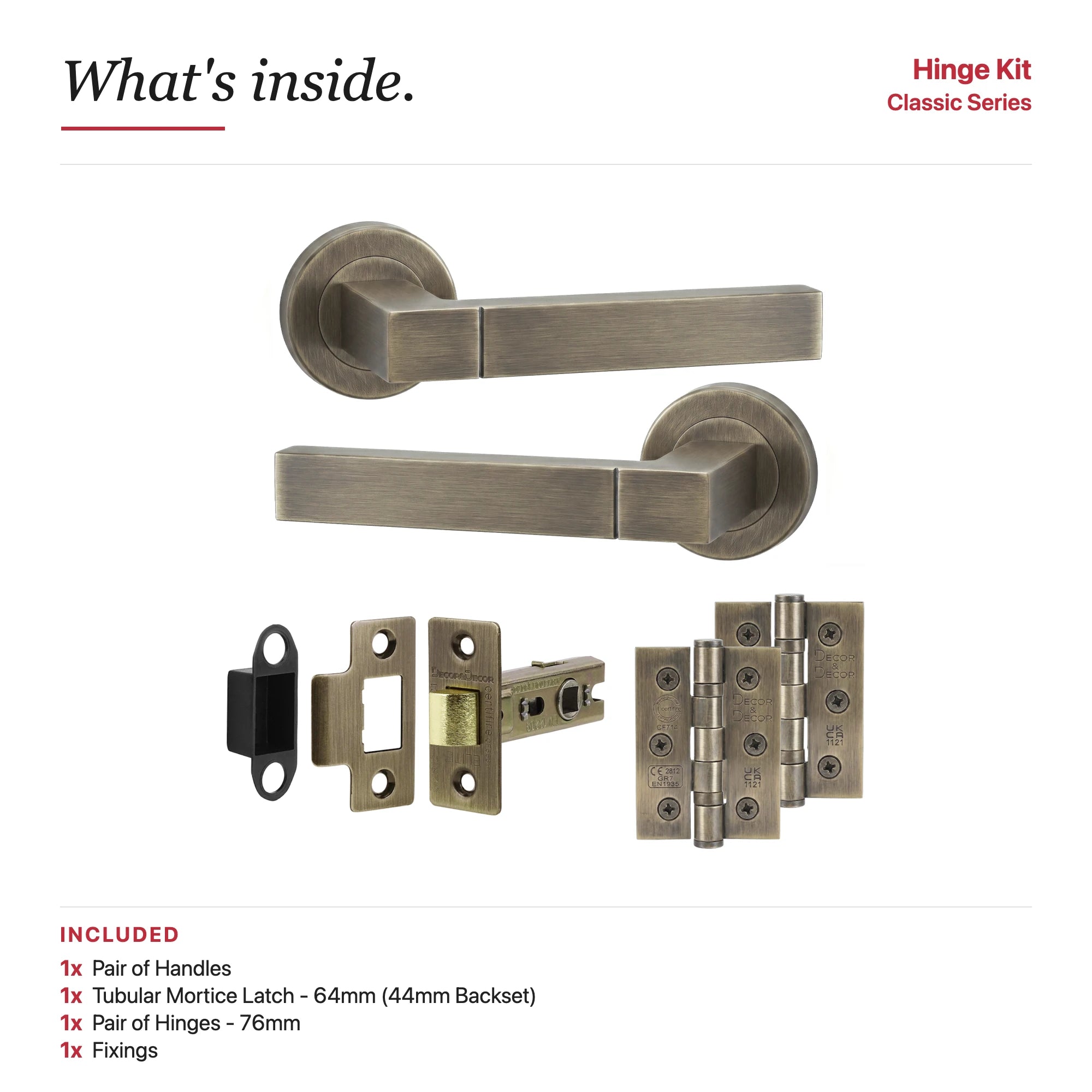 Lumina Antique Brass Passage Door Lever Handles – showing what's included in the box