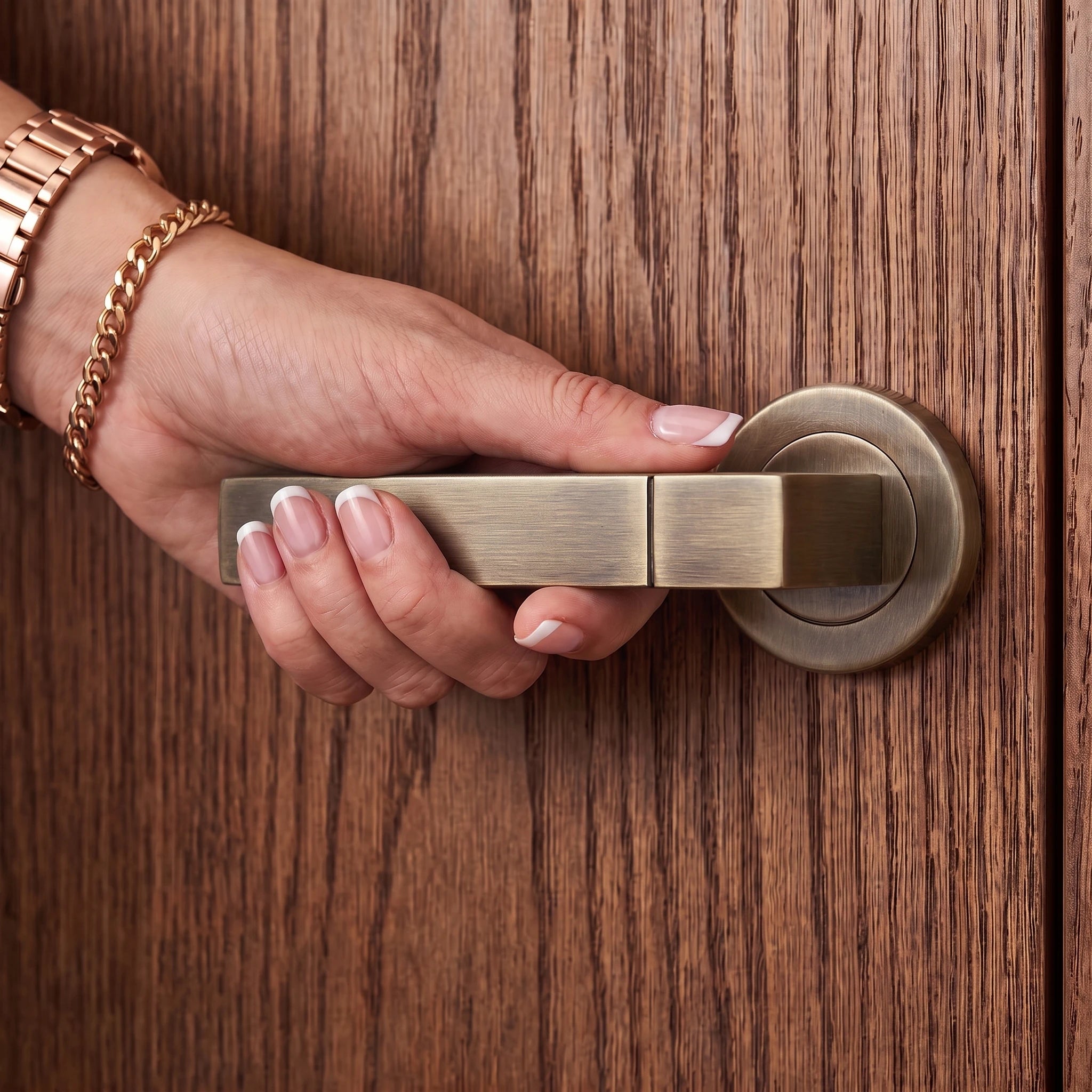 Lumina Antique Brass Door Lever Handles – held in hand to show the size and finish