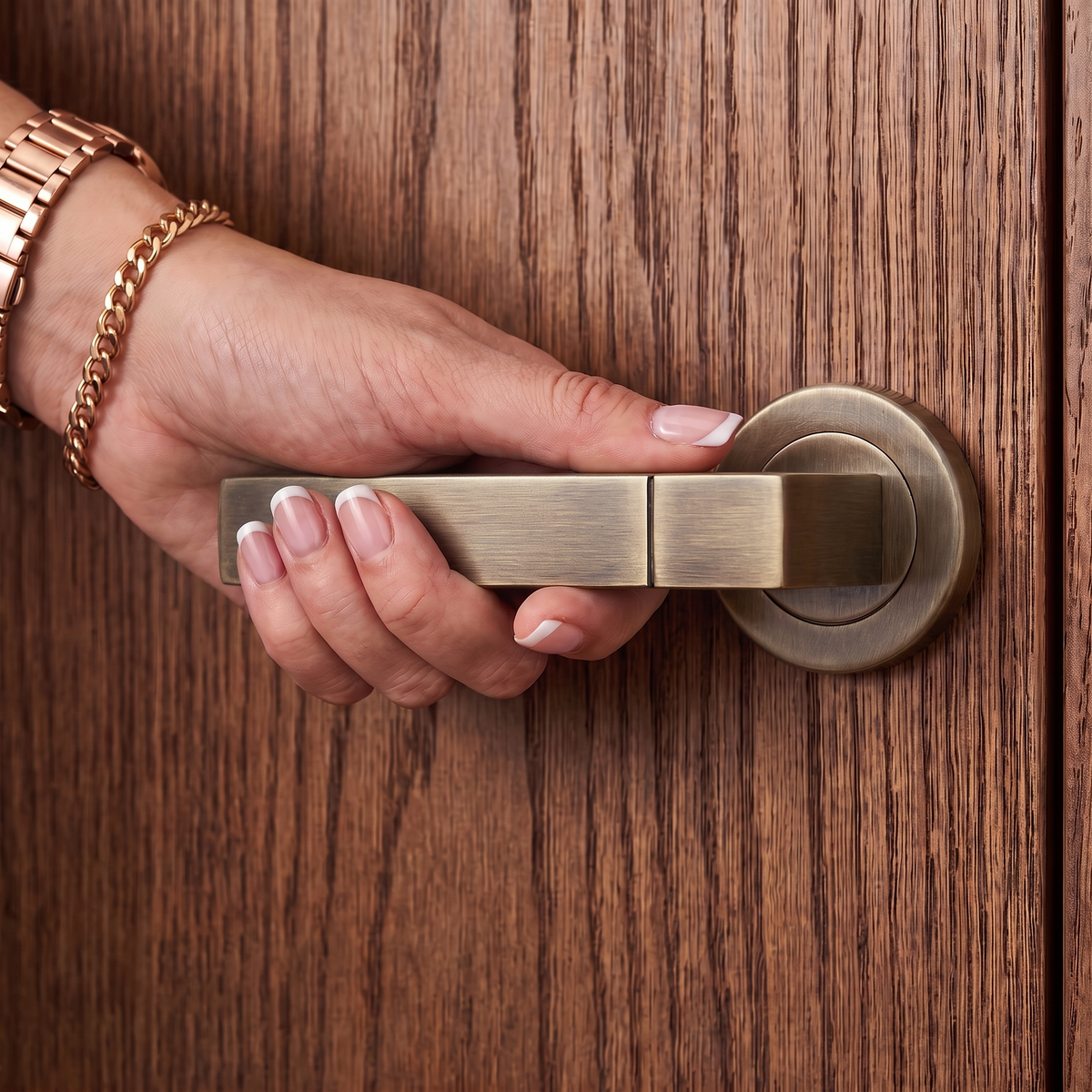 Lumina Antique Brass Passage Door Lever Handles – held in hand to show the size and finish