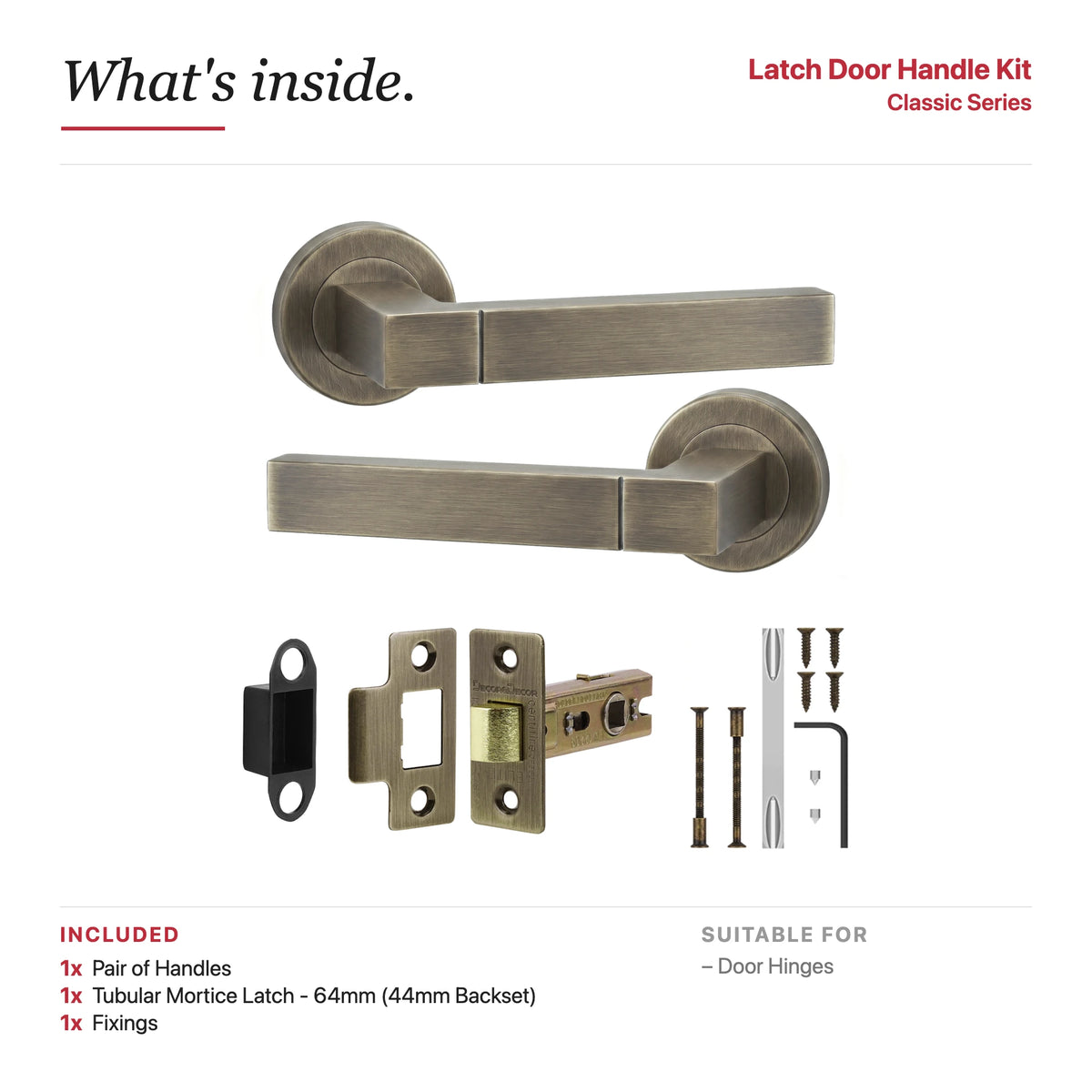 Lumina Antique Brass Passage Door Lever Handles – showing what's included in the box