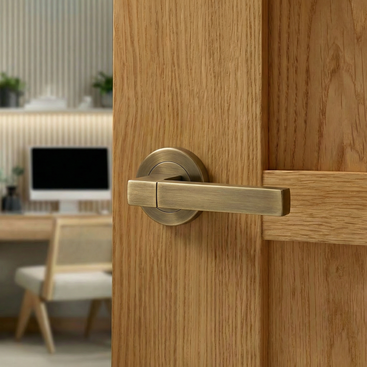 Lumina Antique Brass Door Lever Handles – fitted on an interior door in a styled room setting