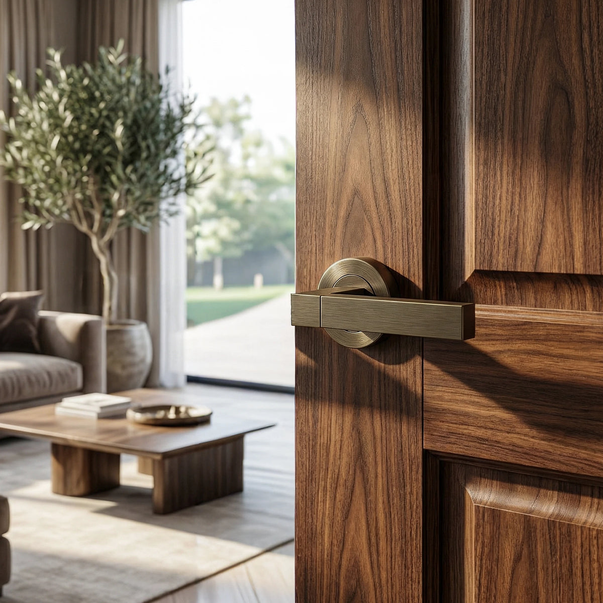 Lumina Antique Brass Door Lever Handles – fitted on an interior door in a styled room setting 2