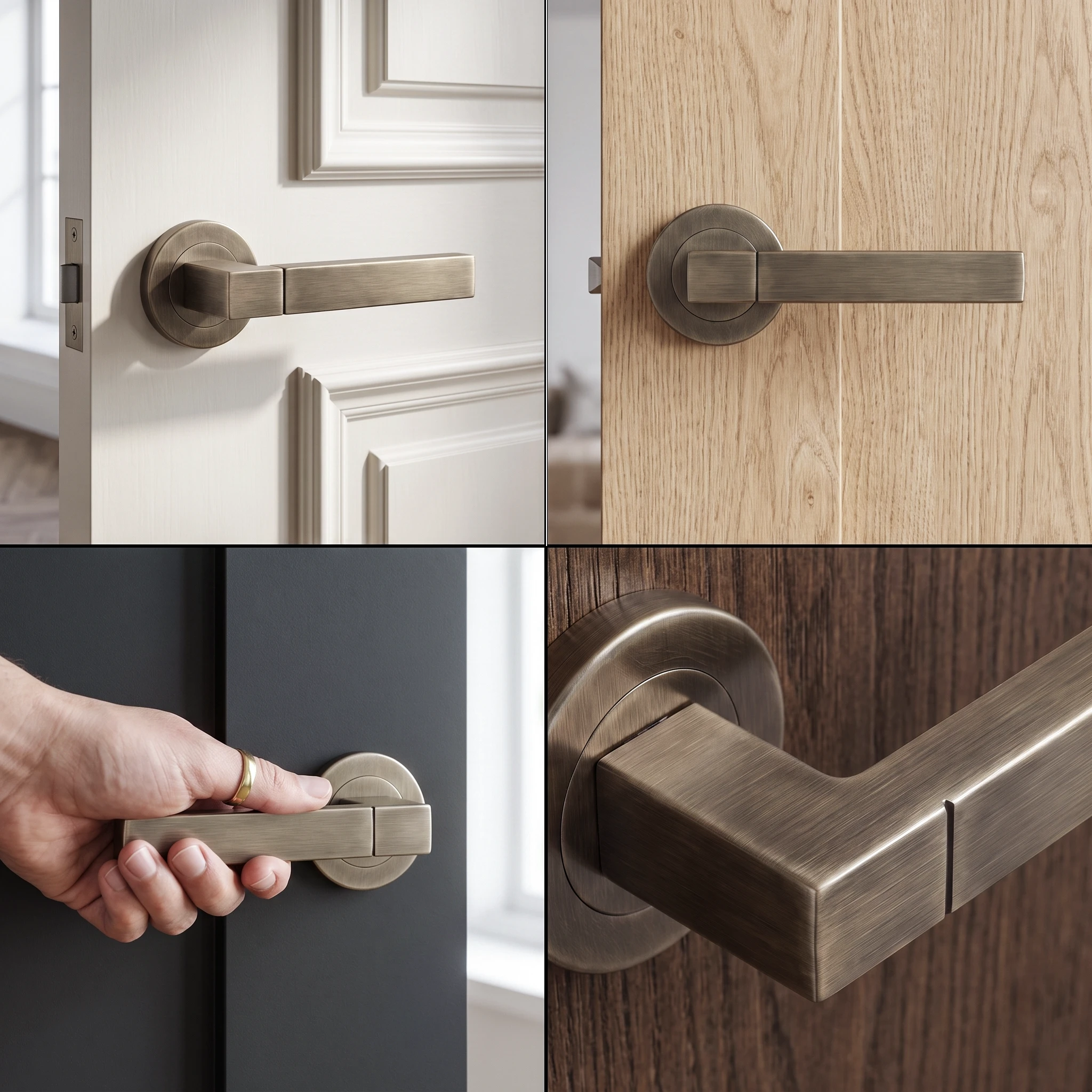 Lumina Antique Brass Door Lever Handles – fitted on an interior door in a styled room setting